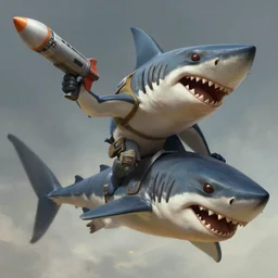 raptor riding shark and holding a rocket launcher, highly detailed, digital painting, artstation, concept art, sharp focus, illustration, art by greg rutkowski and alphonse mucha