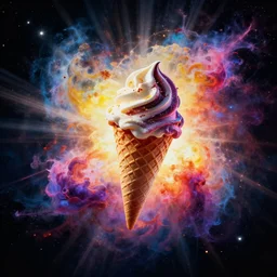 a beautiful artwork illustration, an icecream floating in a galactic explosion, volumetric fog, godrays, high contrast, high contrast, high contrast, vibrant colors, vivid colors, high saturation, by Greg Rutkowski and Jesper Ejsing and Raymond Swanland, featured on artstation, wide angle, vertical orientation
