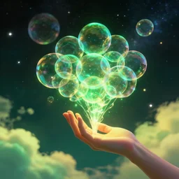 a human hand holding a bunch of soap bubbles in a cosmic space full of stars and clouds, volumetric light, green and yellow colors, digital art, artstation
