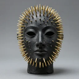 realistic photo of a full - height head mask model made of black rubber clay realistic sculpture made of black clay, covered in very very long brass spikes needles, center straight composition, 2 0 0 0, life magazine photo, museum archival photo