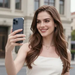 « angela white taking a selfie, photorealistic, unreal engine 5, sharp focus, building in the background »