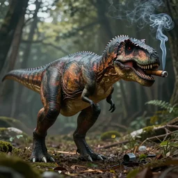 a tyranosaurus smoking a cigar realistic cinematic 3 5 mm