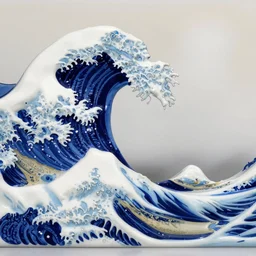 A white and blue marble sculpture of The Great Wave off Kanagawa in the middle of an Italian piazza, midday, 4k photograph, sunny day, long shot
