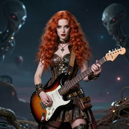 portrait of beautiful woman with his stratocaster, red hair, steam punk dress, alien planet background ambientation, concept art, marc silvestri