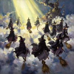 baroque oil painting of anime key visual concept art of touhou anime witches flying on broomsticks through the sky, volumetric lighting, sunrays breaking through clouds, grimdark steampunk high fantasy, trending on artstation, brush strokes, oil on canvas, style of makoto shinkai and greg rutkowski and studio ghibli