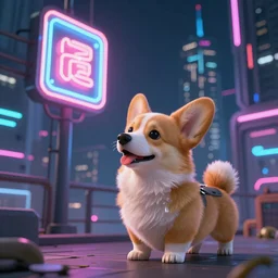 small corgi dog in a cyberpunk city looking at a neon sign, at night, 4k detailed art