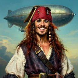 portrait painting of a 3 0 years old rugged joyful male pirate long long hair soft hair crimson hair upper body elegant muscular rugged handsome, prominent floating mechanical zeppelin in background sky, key art cinematic lighting art 1 8 5 5 france by mucha rutkowski artgerm
