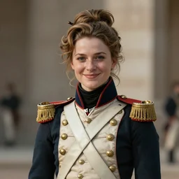 young female napoleonic war grenadier soldier, smiling, digital portrait by greg rutkowski, intricate, soft focus, highly detailed, cinematic, epic, artstation