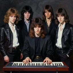 official portrait of an 8 0's synthesizer band in las vagas, 1 9 8 5, rim lighting, anton corbijn, sinister atmospheric lighting. highly detailed painting by greg rutkowski, anime style