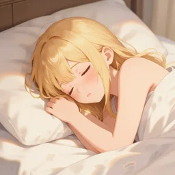 cute young anime kawaii girl blonde hair sleeping on bed early morning full HD 4K highest quality realistic beautiful gorgeous natural
