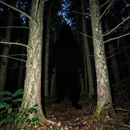 wide angle flash photo of a creepy anthropomorphic silhouette hiding behind trees in a night forest