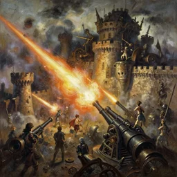 baroque oil painting of anime key visual environment concept art of anime rail canon artillery firing over castle walls, smoke debris, grimdark steampunk fantasy, battlefield, trending on artstation, brush strokes, oil on canvas, style of makoto shinkai and greg rutkowski and studio ghibli