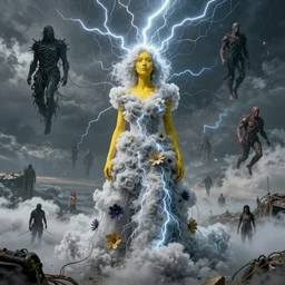 A woman wearing clothes made out of thunder clouds and flowers, people floating in the sky, apocalypse, yellow skin, Masterpiece, glowing, wires everywhere, by Edgar Maxence and Ross Tran, Zdzisław Beksiński, and Michael Whelan, distant, gustav dore, H.R. Giger, 8k, octane render