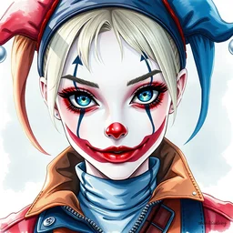 a realistic watercolor portrait illustration by yoshiyuki sadamoto and alphons mucha sui ishida of an anime girl as harley quinn highly detailed anime eyes wearing streetwear clown suit lots of zippers, pockets, synthetic materials, jumpsuits by issey miyake and balenciaga 8 k