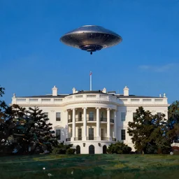 ufo over the whitehouse, blue sky, summer evening, a painting by kenton nelson