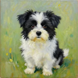 oil painting of a black and white cute dog, oil in canvas, painted by van gogh