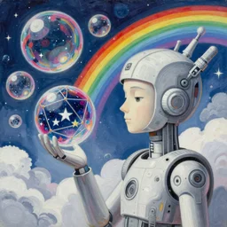 surreal gouache painting, yoshitaka amano, ruan jia, bubbles, orbs, incredibly detailed, of floating molecules and a mannequin artist holding an icosahedron with stars, clouds, and rainbows in the background, retrowave, modular patterned mechanical costume headpiece, artstation masterpiece, minimalistic
