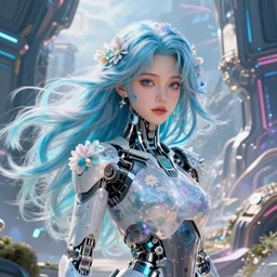 beautiful centered portrait of a sci woman with mecha implants with floral blue pastel flowy long hair facing the camera in the style of a code vein character, dahyun from twice in code vein in the style of wlop, artgerm, yasutomo oka, yuumei, rendered in unreal engine and redshift octane, background is surrounded by epic sci fi landscape by simon stalenhag, digital art dynamic dramatic lighting, soft lighting, imagine fx, artstation, cgsociety, by bandai namco artist, hi tech solarpunk