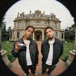A photo of ASAP Rocky and Tyler The Creator in a Victorian mansion, 8K concept art, vintage camera, fish eye lens