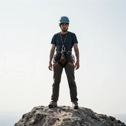 wise rock climber with rope, studio photography, full body, standing, isolated on a pure white background, centered, whole figure in frame, sharp focus, studio lighting