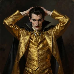 male vampire in dark golden noble clothes in a dramatic pose with his hands above the head, realistic oil painting, artstation, cinematic, dramatic lighting