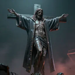 jesus christ cyberpunk on the cruce, 8 k, octane render, matte painting, trending artstation, hyperrealistic photography,