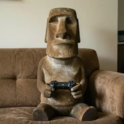 Moai statue sitting on a couch playing video games