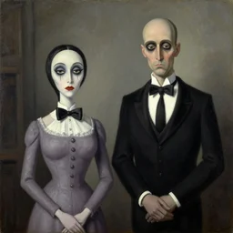 mortician and gomez addams as american gothic by grant wood, oil on panel