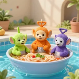 Teletubbies in a swimming pool full of noodle soup