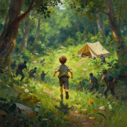 a beautiful painting of a boy running up a hill toward a campsite being chased by bandits by Greg Rutkowski and Michael Whelan, fantasy setting,  amazing lighting, lush woodland.