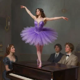 illustration, wearing purple romantic tutu, standing on top of a piano, concept art, art by artgerm and greg rutkowski and magali villeneuve, fantasy, trending on artstation, highly detailed, d & d, brunette fairy woman stretching, sharp focus, digital painting