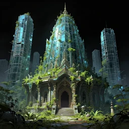 dramatic color, overgrown temple, in abandoned city glass, dramatic, artstation, by wayne barlowe, trending on pixiv, by wlop, by atey ghailan, black background