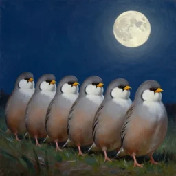 a row of fat bearded reedlings, oil painting, midnight, moonlight, full moon, highly detailed, hyper realistic