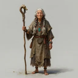 an concept art illustration, an old lady tribal shaman with staff standing, full shot, ultra realistic, style by wlop, trending in artstation, cgsociety, octane render, ultra sharp, concept illustration, digital painting, 8 k