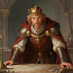 highly detailed, semi realistic contemporary arthurian digital illustration, well shaded, portrait of king arthur leaning over a table