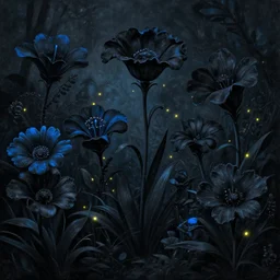 beautiful _ digital _ matte _ painting _ of _ whimsical _ botanical _ illustration _ black _ and _ blue _ flowers _ with _ fireflies _ enchanted _ dark _ background _ dark _ contrast _ gardens by _ android jones, greg rutkowski