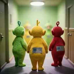teletubbies in the backrooms, high key, disturbing, 8 k, claustrophobic, bokeh, sigma 2 4 mm f / 8 1 / 1 0 0 0 sec. shutter