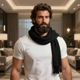 massive athlete with a beard and a black scarf in his hairs, he wears a white t - shirt, blurry background of a modern luxury living room, disney, pixar, bloom, medium shot, dramatic lighting, in the style of studio ghibli, j. c. leyendecker, greg rutkowski, artgerm