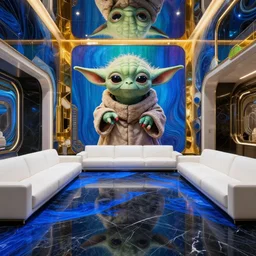 a futuristic modern interior in the style of mc escher, black marble floors with cobalt blue highlights, white leather sofa seating yoda, hyper realistic art, in the style of national geographic, 4 k, hyper realistic, coherent design, symmetrical, vivid colour, trending on art station, in the style of pi - slices, complementary colour, golden ratio, detailed, sharp lines, intricate, rainbow shift, in unreal 3 d engine, ray tracing, octane render