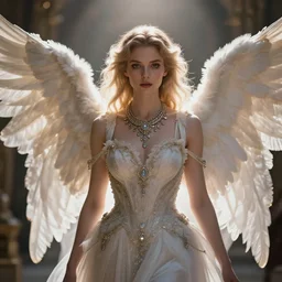 centered  waist up portrait of an angel wearing an incredible dress with jewelry, bokeh + DOF + 8k, photorealistic + rendered in vray + ultra realistic + backlit + strong rim light + HDRI, HD, Photoreal , by Andon Hristov, trending on artstation