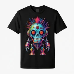 black tshirt with a hyperdetailed portrait of a trippy diesel punk robot, 8 k, symetrical, flourescent colors, multicolored,