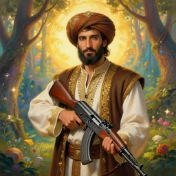 male cottagecore taliban leader holding a kalashnikov rifle, vibrant magical forest background, golden hour, intricate, elegant. highly detailed, digital painting, artstation, concept art, smooth, sharp, focus, illustration.. art by artgerm and greg rutkowski and alphonse mucha