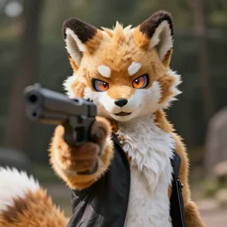a furry pointing a gun at the camera threateningly, photograph