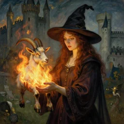 half length portrait of a bautiful witch girl burning with a goat in her hands, glowing fire, medieval castle, by mikhail vrubel, by peter elson, muted colors, extreme detail, trending on artstation, 3 5 mm, aperture 1. 2, 8 k