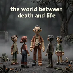 the world between death and life, surrealistic detailed claymation art, dark, moody, foggy