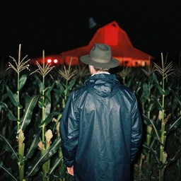 analog photograph of a man from the back wearing a raincoat and a hat in corn field with a barn at night by mark owen. red lights. bokeh. cinematic. hq. detailed. contrast. cinestill 8 0 0 t