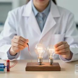 a scientist checks whether wood conducts electricity using a battery and a light bulb