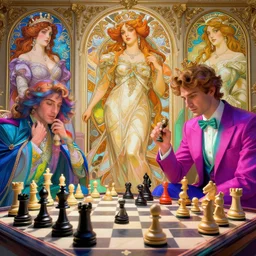 a highly detailed art of chess game, neon colored suit, beautiful detail and color, art by john collier and albert aublet and krenz cushart and artem demura and alphonse mucha, volumetric lighting, octane render, 4 k resolution, matte, sharp focus, illustration, art by jacque - louis david, baroque style