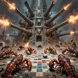 inks of varied filthy rugated armored crustaceans, scrabble clawing & terrified as massive brutalist structure, claustrophobic, evil, aggressive, ticking, drag race, clustered back cannons firing meteors, by virgil finlay, vincente b ballestar, by francesco blanc, geof darrow, bisley, & by jack gaughan high resolution, hyper