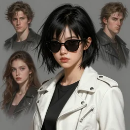short messy black hair girl wearing sunglasses and a white leather jacket!! fire emblem, art by artgerm and greg rutkowski and magali villeneuve, portrait, d & d, fantasy, highly detailed, digital painting, trending on artstation, concept art, sharp focus, illustration